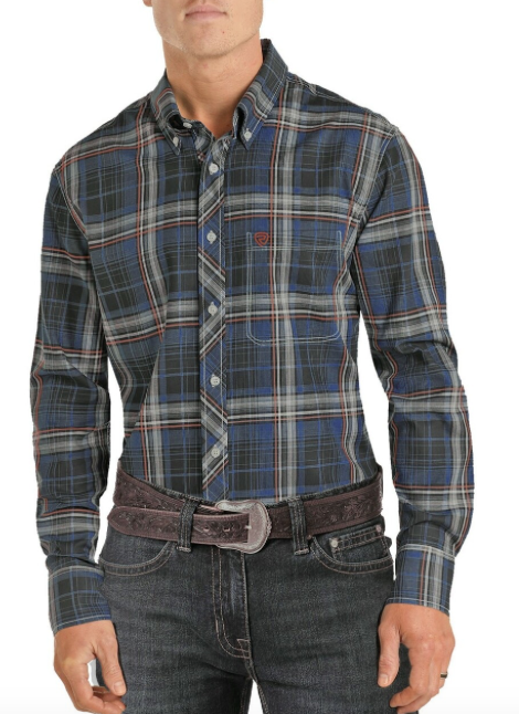 Rock & Roll Men's Blue Plaid Western Shirt