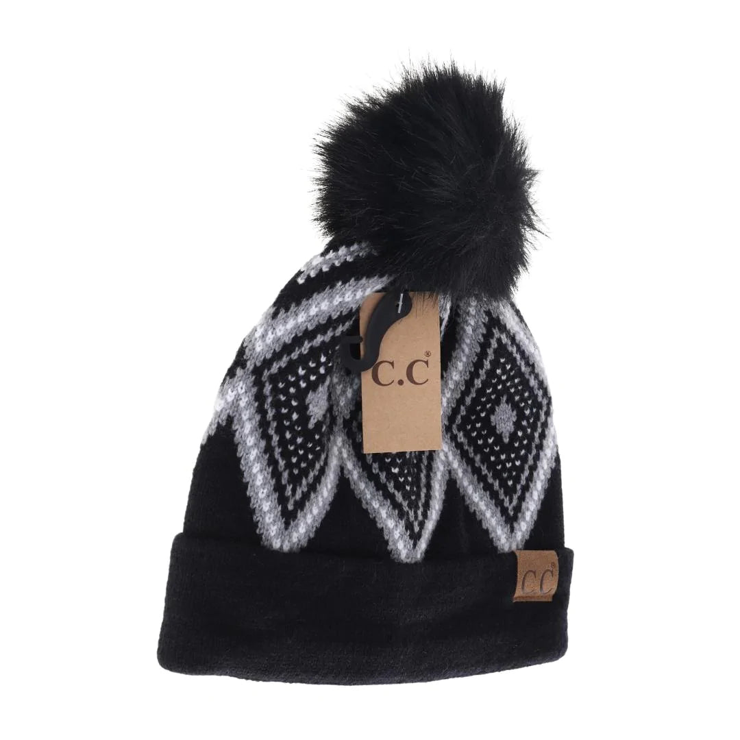 C.C Beanie Black Diamond Geometric Faux Fur Pom Beanie