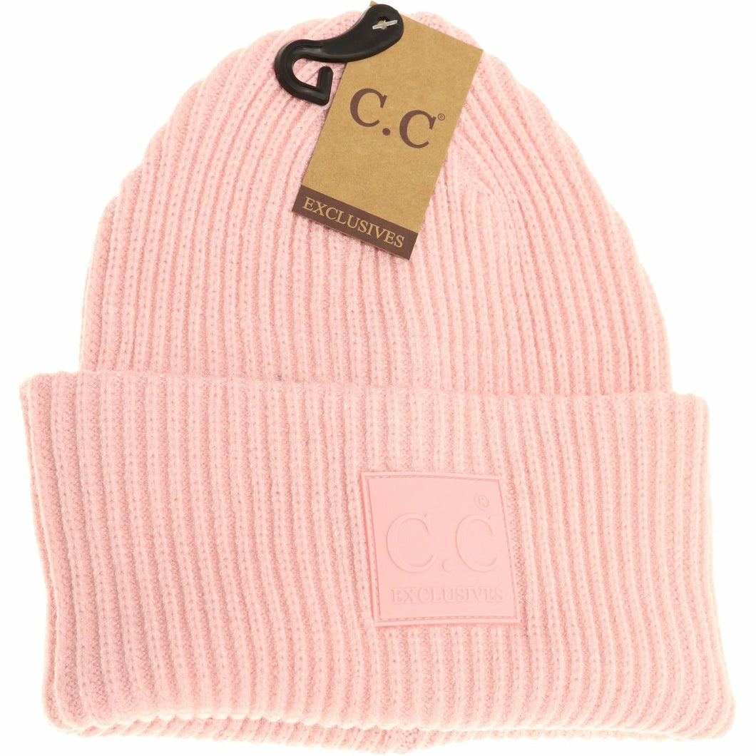 C.C Beanie Solid Ribbed with Rubber Patch No Pom Beanie