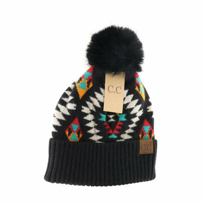 C.C Beanie Aztec Patterned Faux Fur Pom Beanie