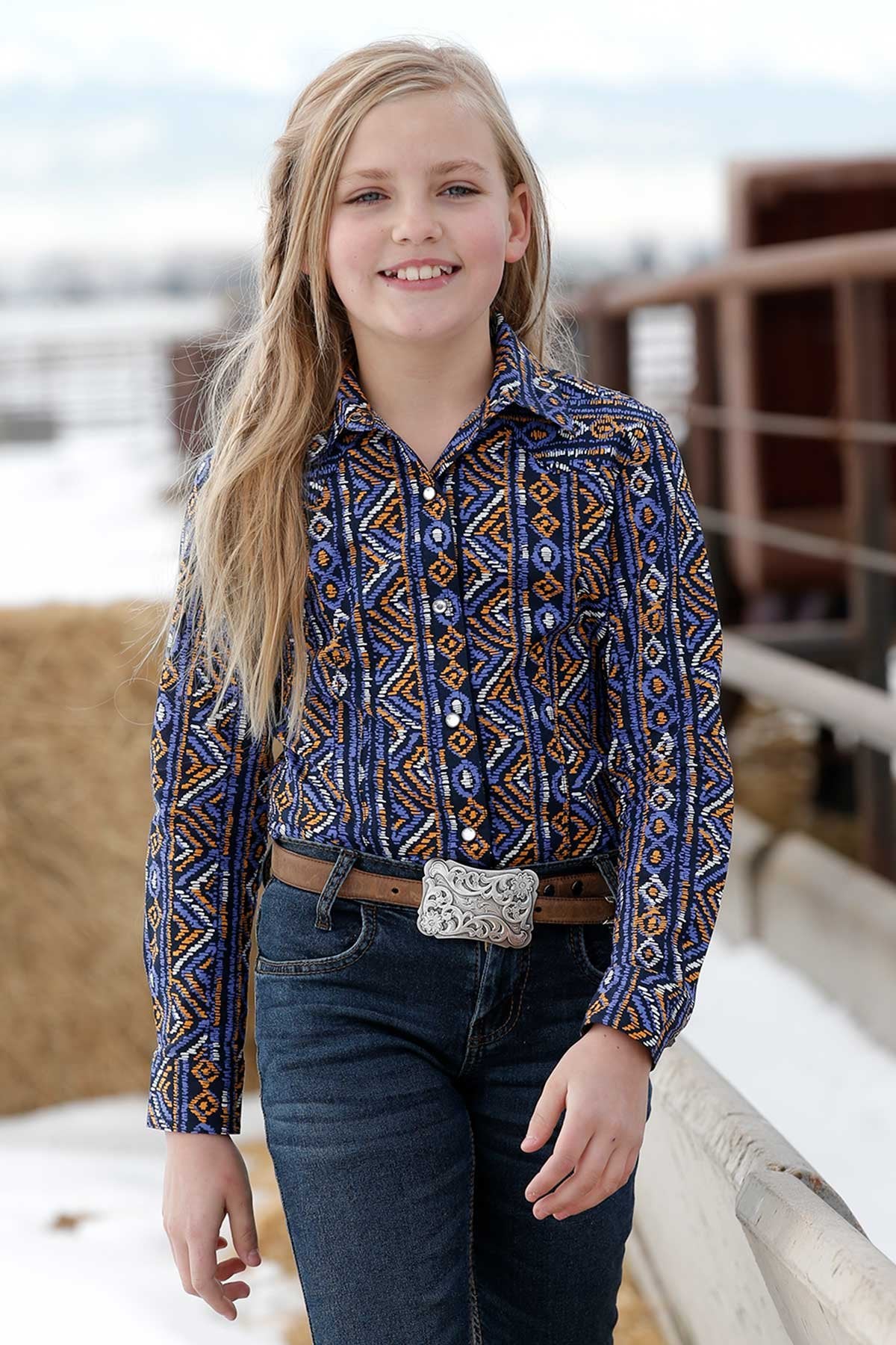 Cruel Girl's Navy & Gold Southwestern Western Shirt