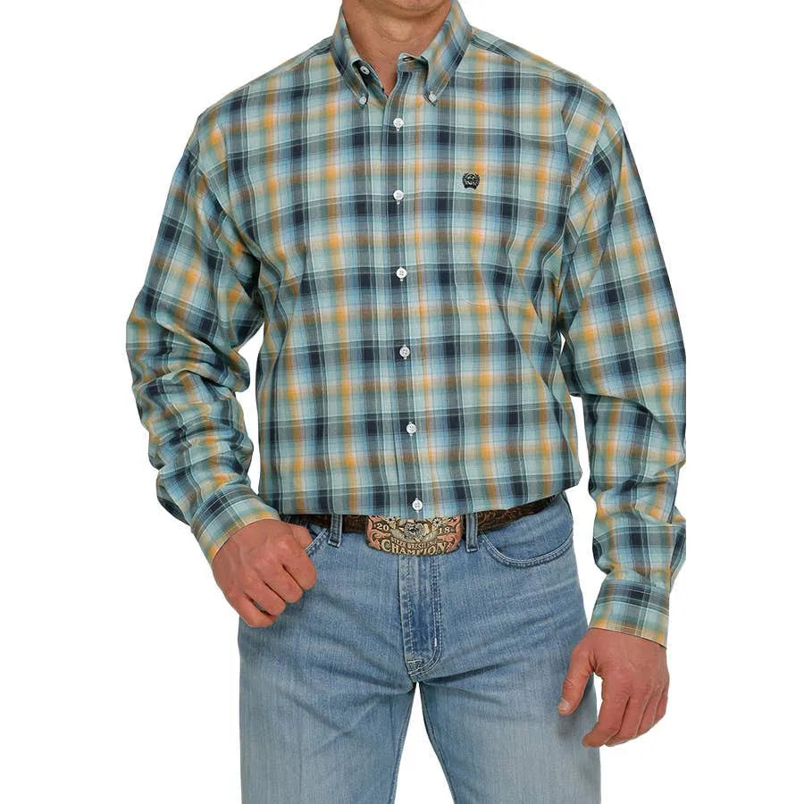 Cinch Men's Green, Gold, & Navy Plaid Western Shirt