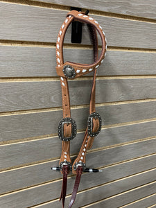 Performance Pony One Ear Headstall - Roughout with White Buckstitch & Blood Knots
