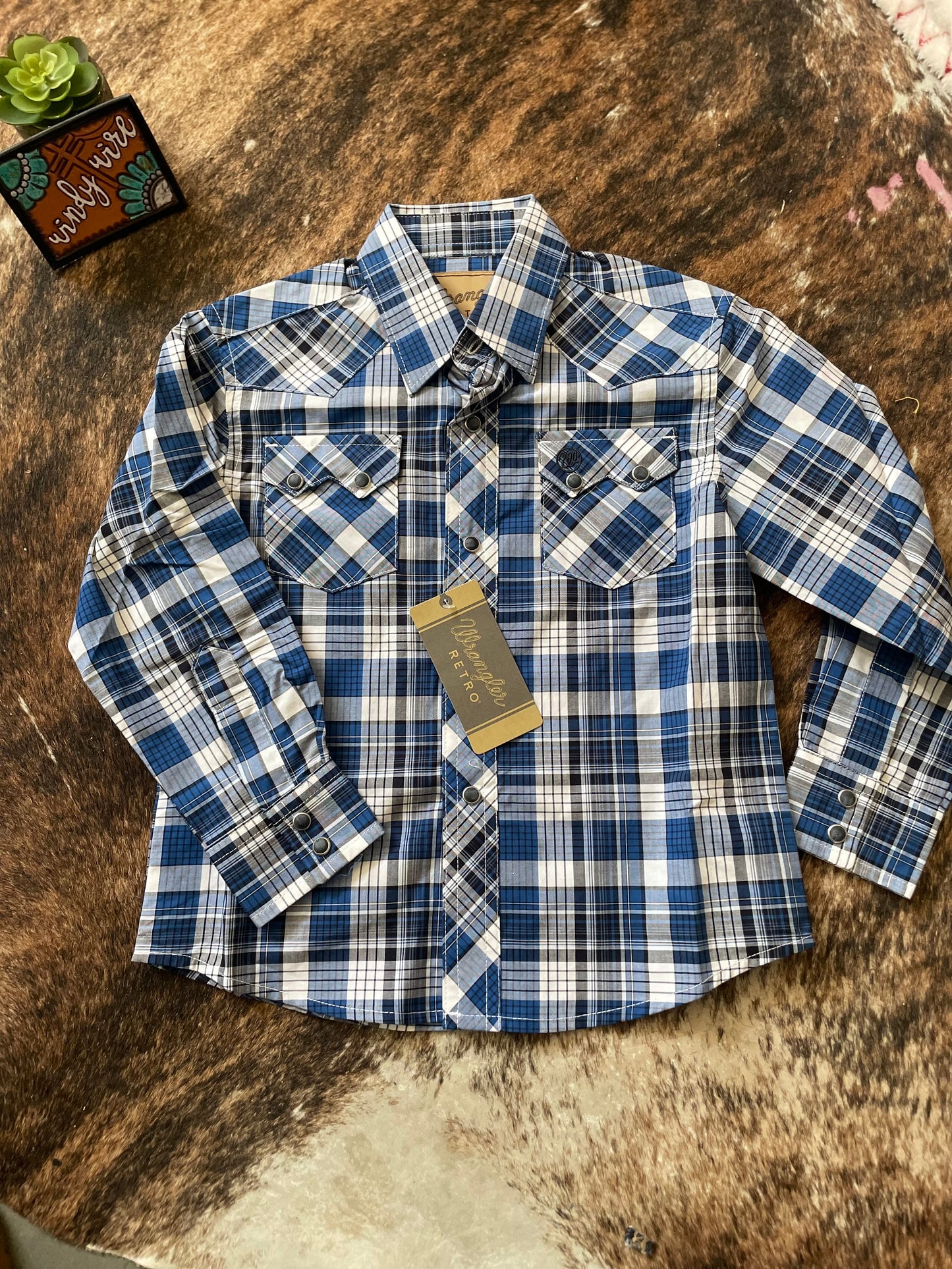 Wrangler Boy's Blue & White Plaid Western Shirt