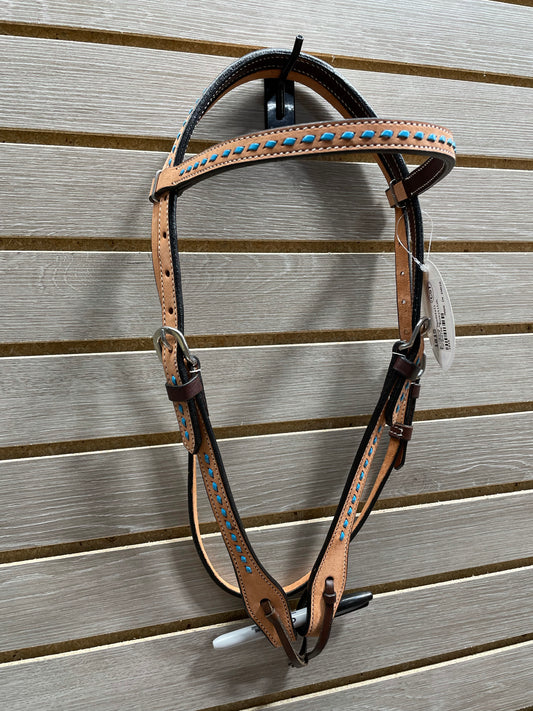 CST Browband Headstall - Natural Roughout Turquoise Buckstitch