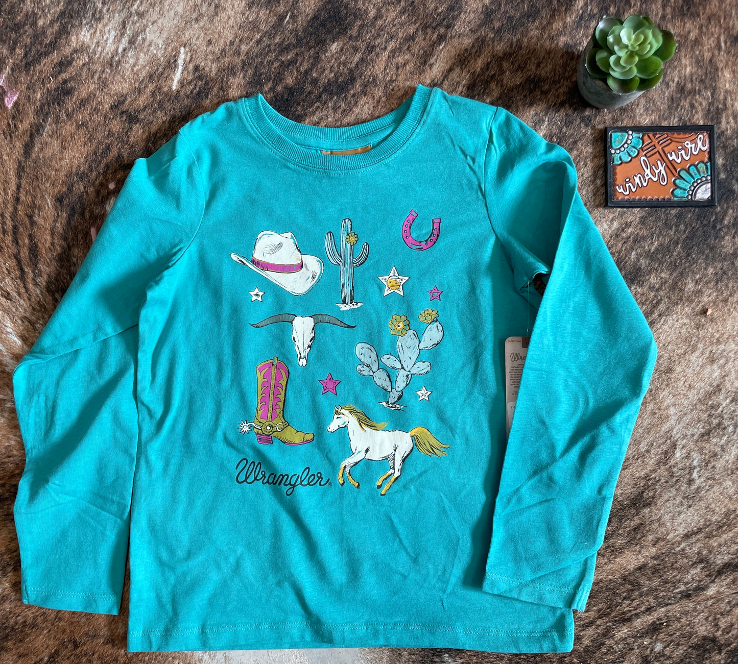 Wrangler Girl's Western Theme Teal Long Sleeve T-Shirt