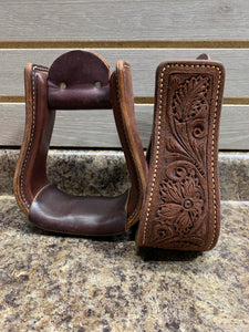 Leanin' Pole Leather Tooled Stirrups - Chocolate Roughout 3"