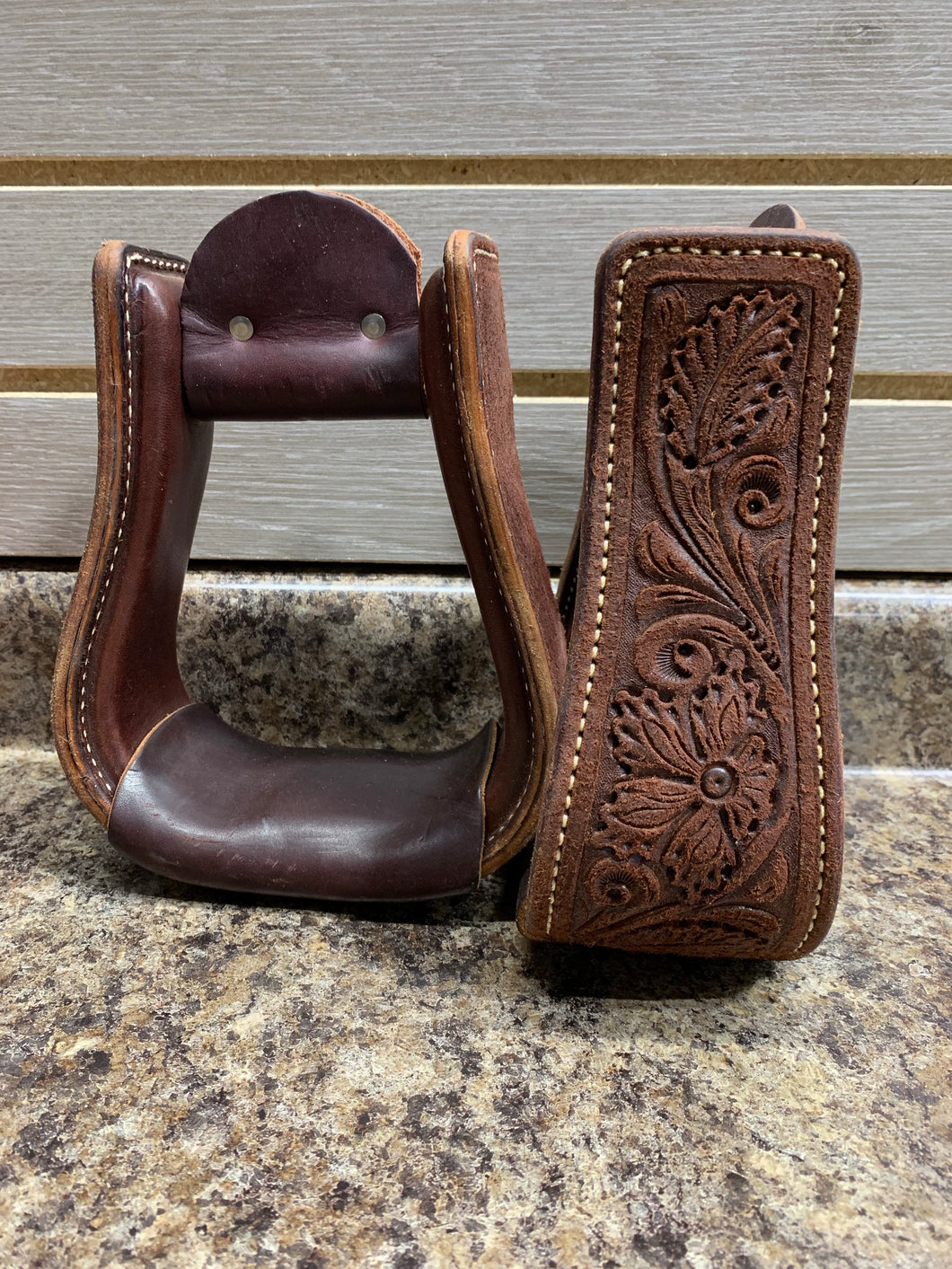 Leanin' Pole Leather Tooled Stirrups - Chocolate Roughout 3