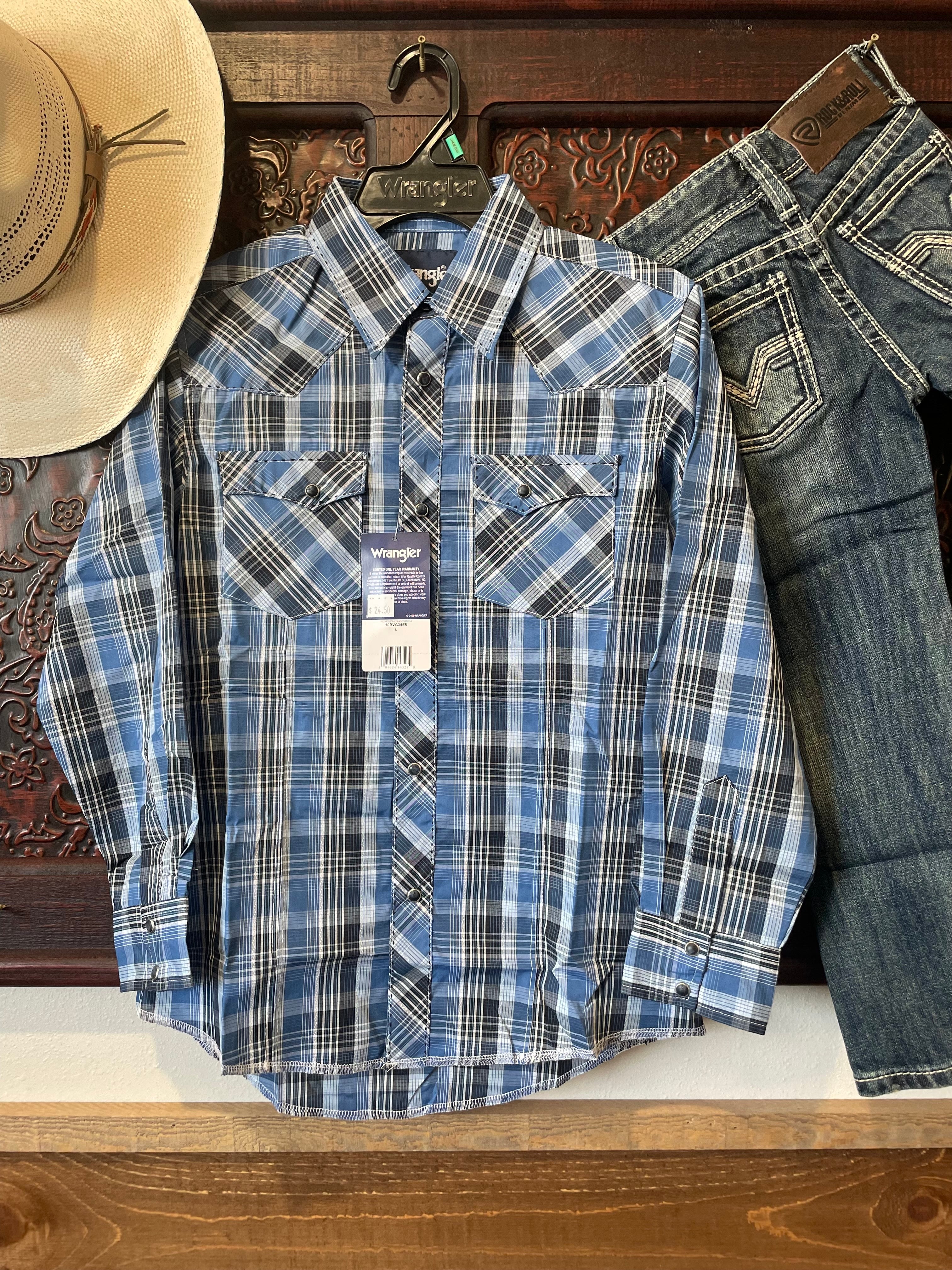 Wrangler Boy's Blue With Black Plaid Western Shirt