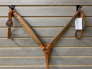 Performance Pony Breastcollar - Natural with Turquoise Buckstitch