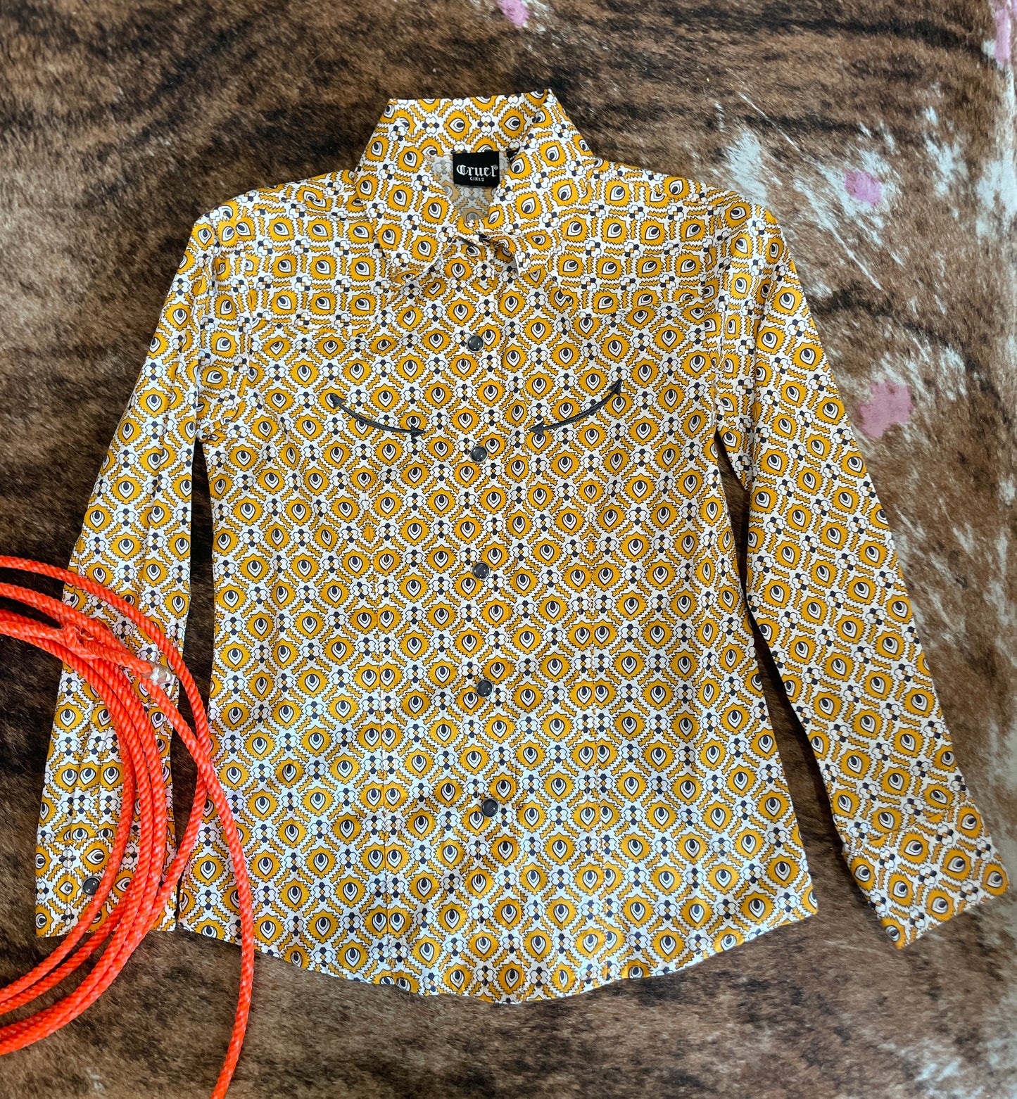 Cruel Girl's Yellow & Navy Print Western Shirt