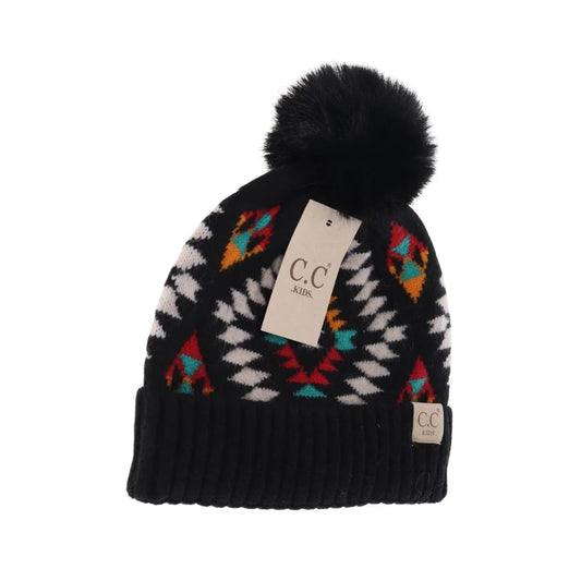 C.C Beanie KIDS Black Aztec Patterned Faux Fur Pom Beanie