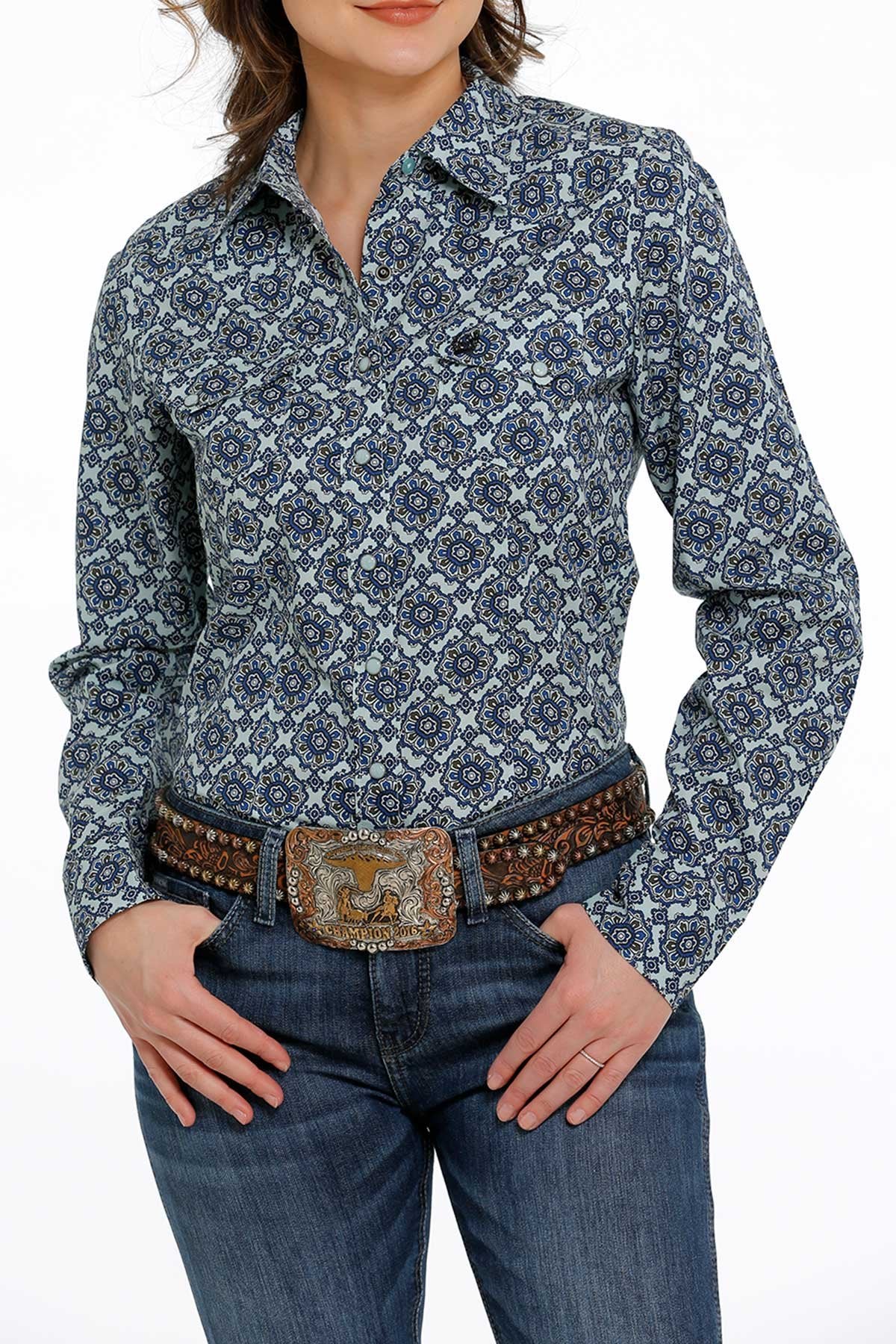 Cinch Women's Light Blue & Olive Western Shirt