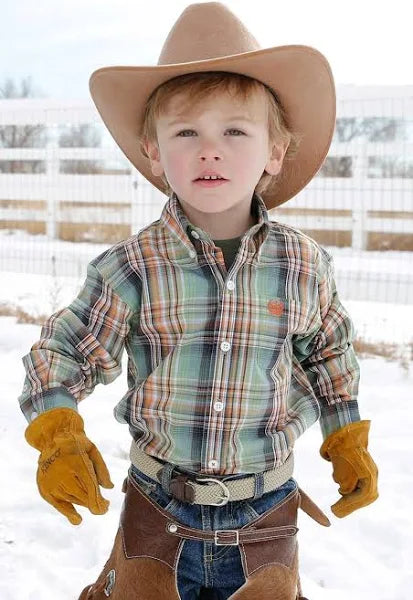 Cinch Boy's Green & Orange Plaid Western Shirt