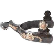 Load image into Gallery viewer, Greyed iron with beautiful silver and copper floral detail. 2” shank, 1” band with chap guard. Roper rowel.

