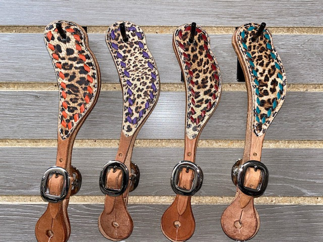 San Saba Shaped Spur Straps - Leopard Print with Buckstitch