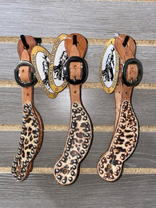 San Saba Shaped Youth Spur Straps - Leopard Print with Studs