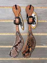 Load image into Gallery viewer, San Saba Shaped Spur Straps - Python with Silver Studs
