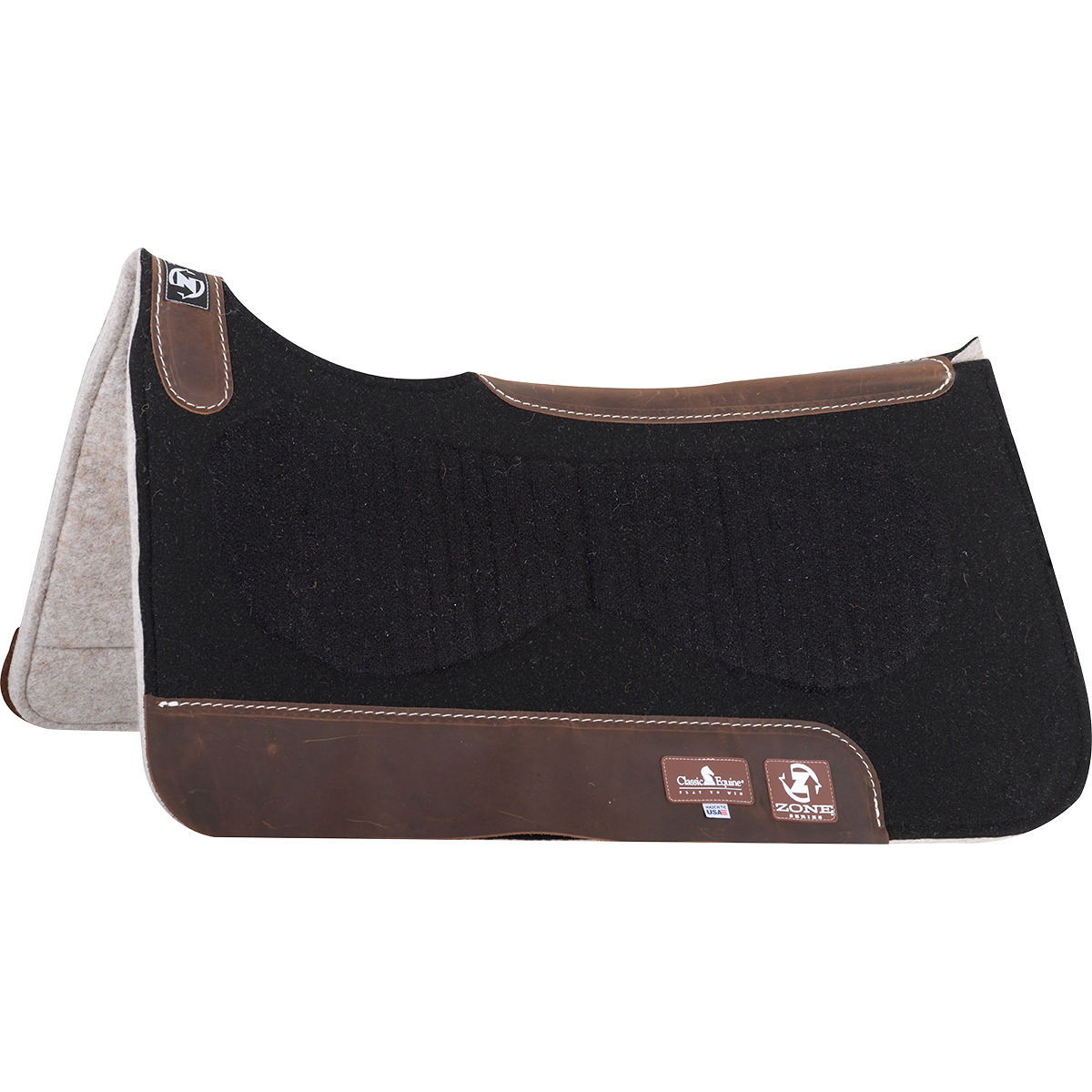 Powered with a vented Zoombang™ insert that is scientifically engineered to dissipate energy, reducing injury and stress on equine athletes. Its breathable design remains securely in place, providing conformal layered protection. 1/8” blended felt top is designed to be used alone as a training pad or under a show blanket. Its durable orthopedic grade felt bottom absorbs moisture, remains soft and pliable, and provides excellent shock absorption. 1” total pad thickness.