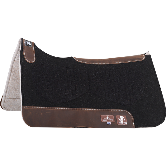 Powered with a vented Zoombang™ insert that is scientifically engineered to dissipate energy, reducing injury and stress on equine athletes. Its breathable design remains securely in place, providing conformal layered protection. 1/8” blended felt top is designed to be used alone as a training pad or under a show blanket. Its durable orthopedic grade felt bottom absorbs moisture, remains soft and pliable, and provides excellent shock absorption. 1” total pad thickness.